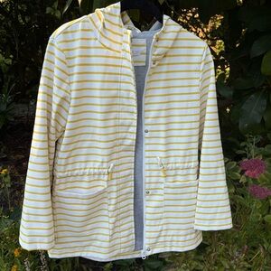 Waterproof rubberized yellow/white striped rain coat